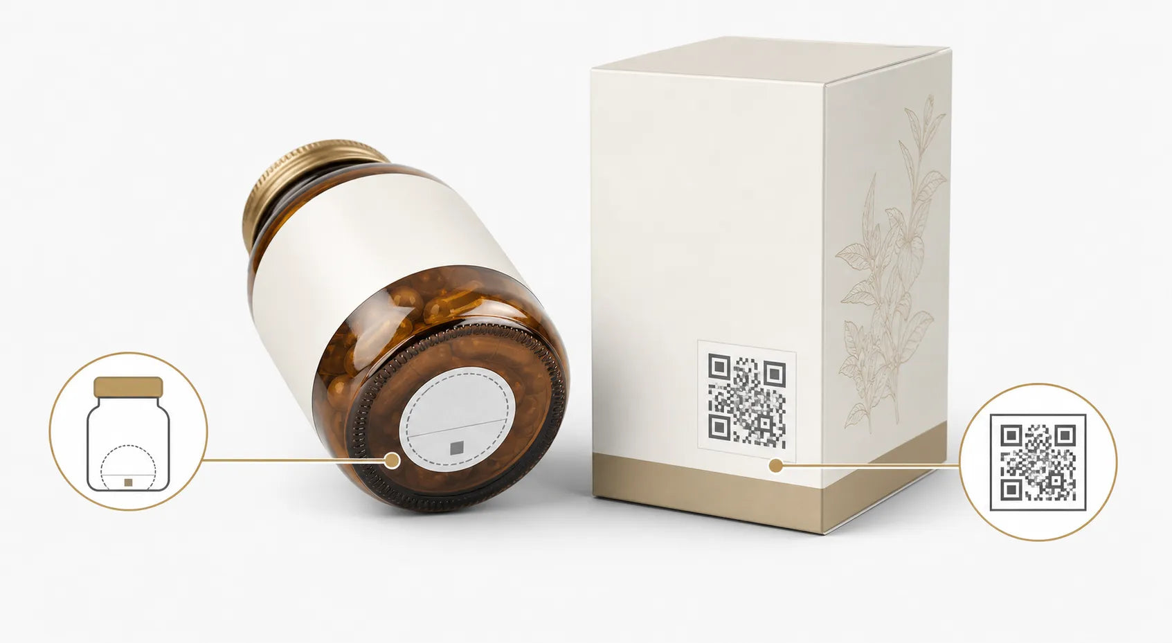 Diagram showing the location of the batch number on the glass bottle (bottom label) and the QR code on the carton.